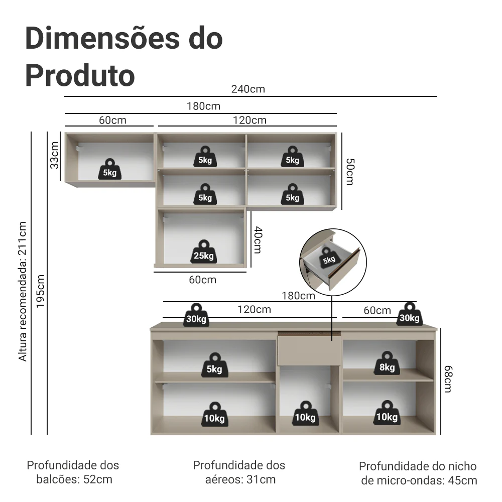 Armário de Cozinha Completa 240 cm Suspensa Crema Nice Madesa 07 - Image 3