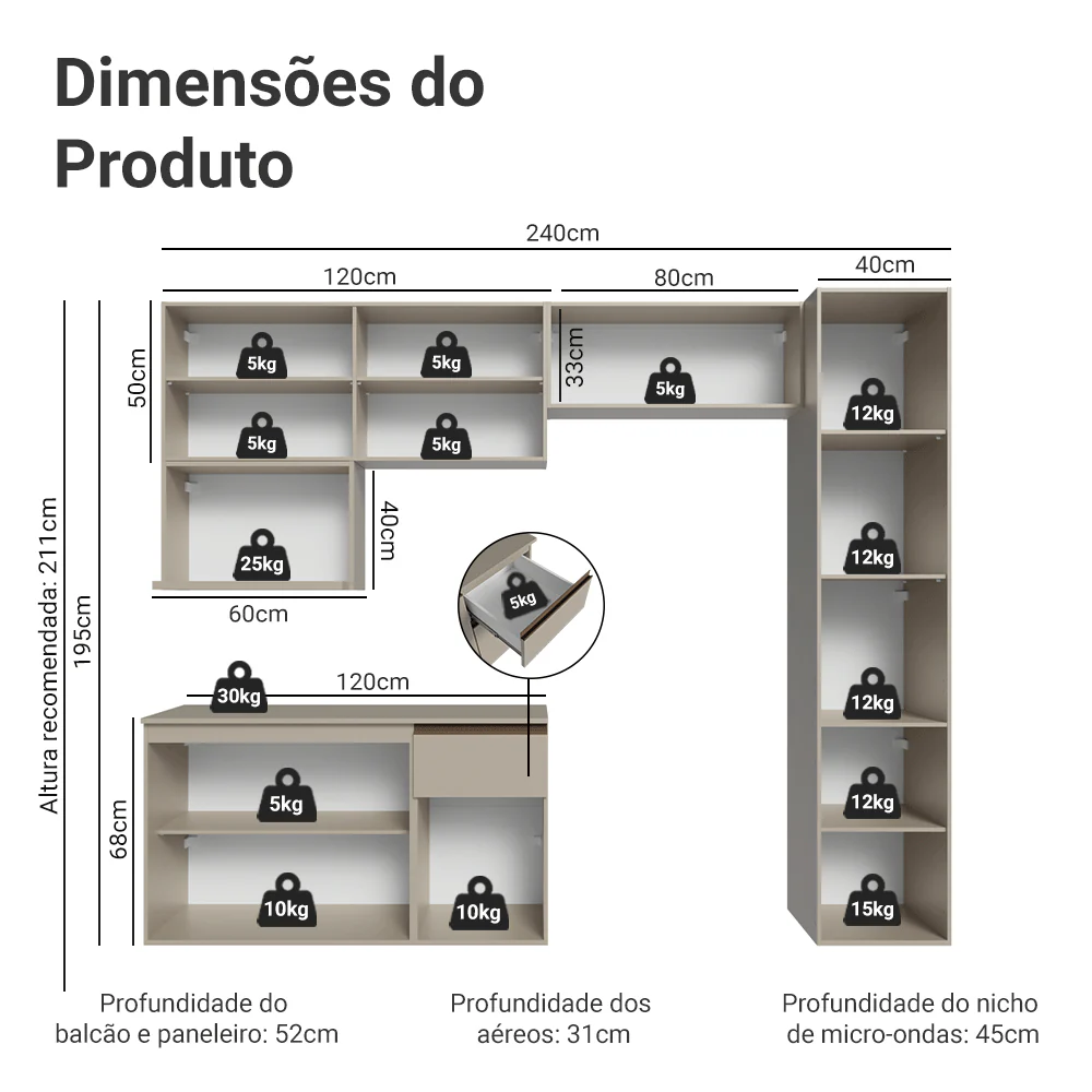 Armário de Cozinha Completa 240 cm Suspensa Crema Nice Madesa 09 - Image 3