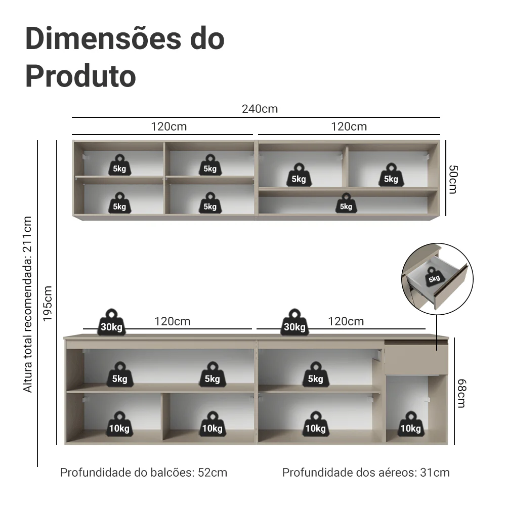 Armário de Cozinha Completa 240 cm Suspenso Crema Nice Madesa 05 - Image 3