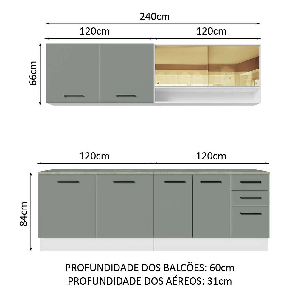 Armário de Cozinha Completa 240cm Branco/Cinza 60cm de Profundidade Agata Madesa 01 - Image 3