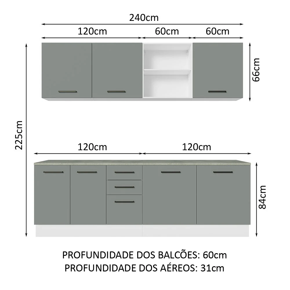 Armário de Cozinha Completa 240cm Branco/Cinza 60cm de Profundidade Agata Madesa 02 - Image 3