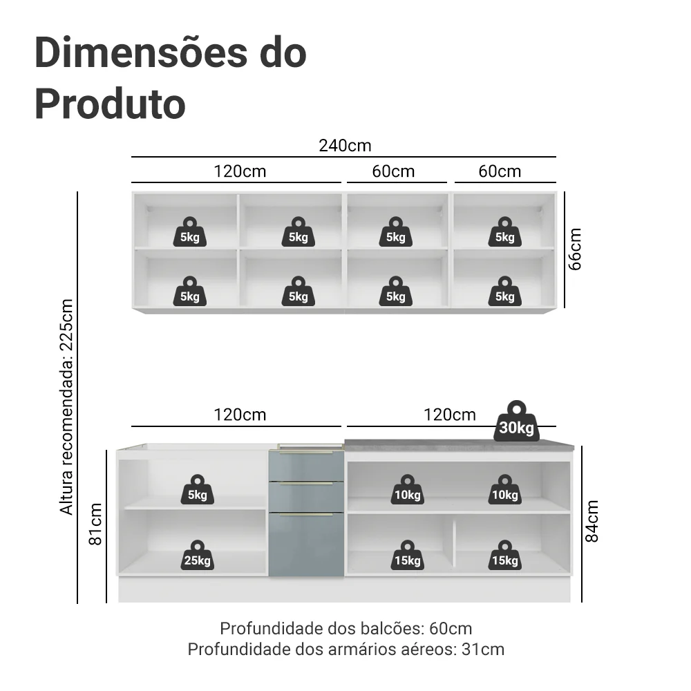 Armário de Cozinha Completa 240 x 60 cm Branco/Cinza Lux Madesa 05 - Image 3