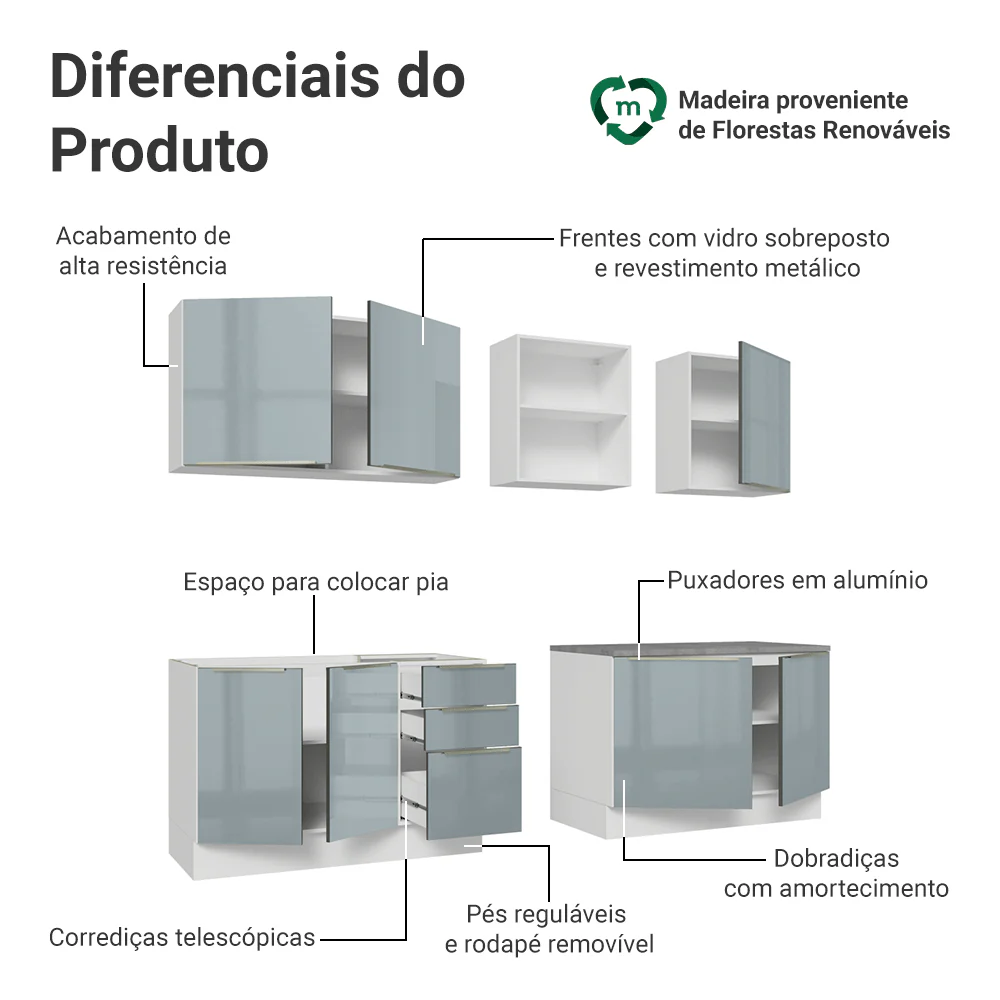 Armário de Cozinha Completa 240 x 60 cm Branco/Cinza Lux Madesa 05 - Image 4