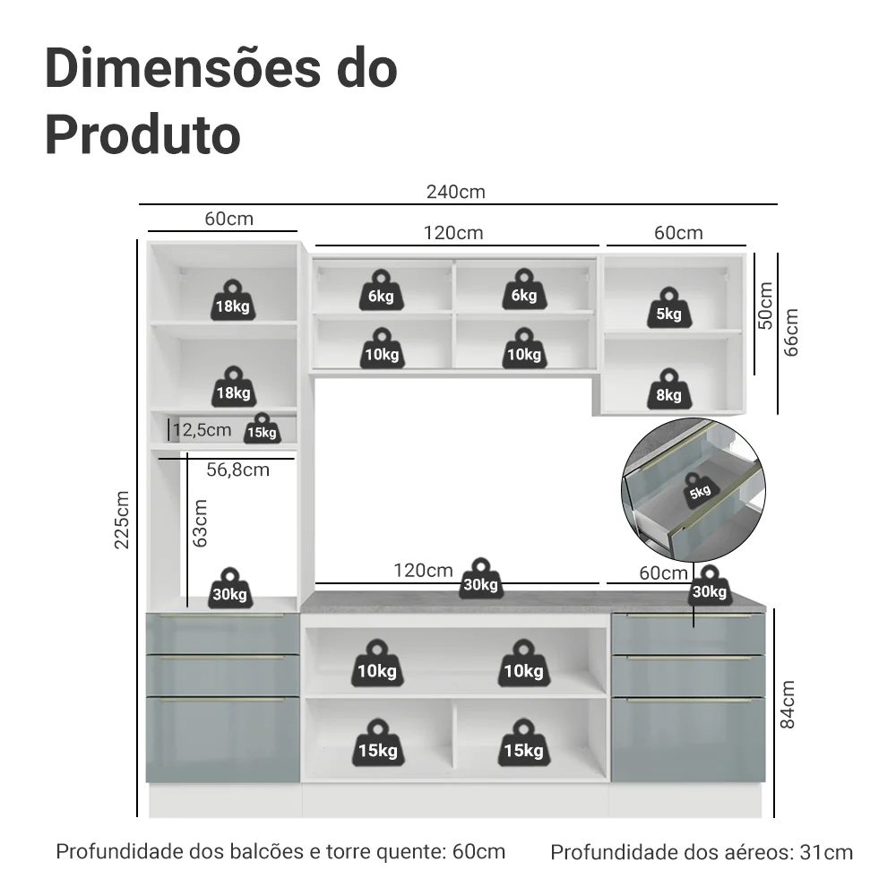 Armário de Cozinha Completa 240 x 60 cm Branco/Cinza Lux Madesa 08 - Image 3