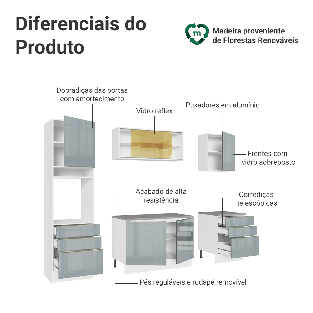 Armário de Cozinha Completa 240 x 60 cm Branco/Cinza Lux Madesa 08 - Image 4