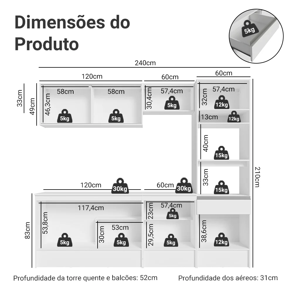 Armário de Cozinha Completa 240cm Branco Diamante Madesa 06 - Image 3