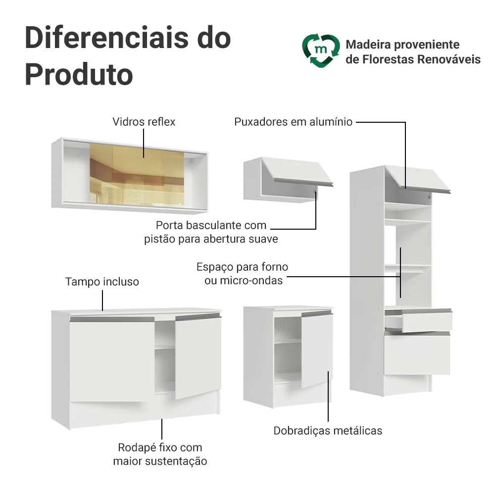 Armário de Cozinha Completa 240cm Branco Diamante Madesa 06 - Image 4