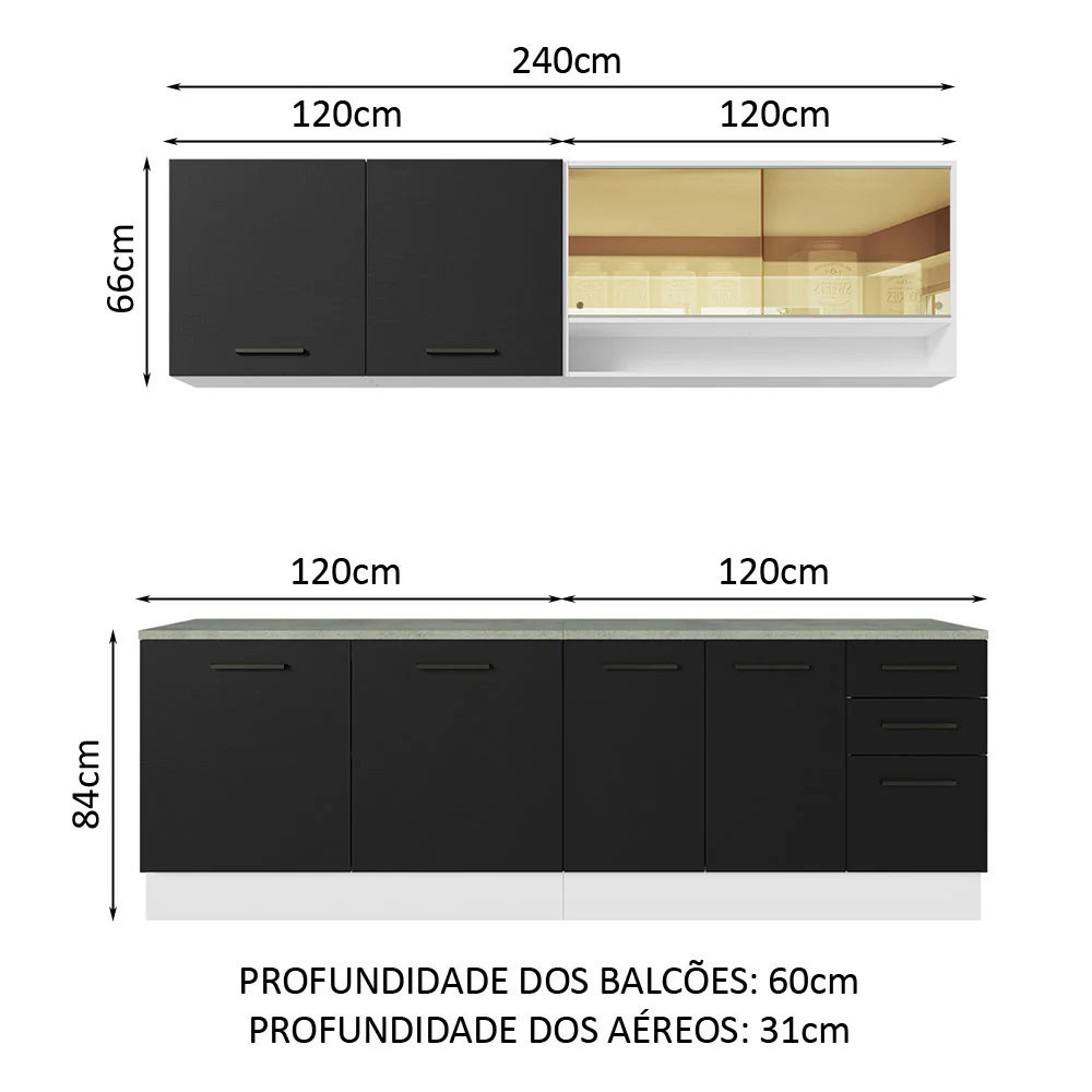 Armário de Cozinha Completa 240cm Branco/Preto 60cm de Profundidade Agata Madesa 01 - Image 3