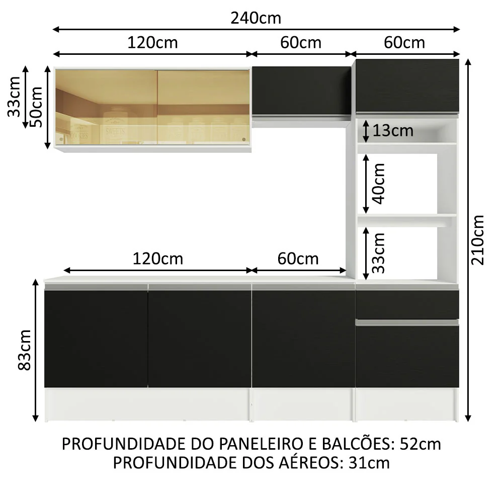 Armário de Cozinha Completa 240cm Branco/Preto Diamante Madesa 06 - Image 3
