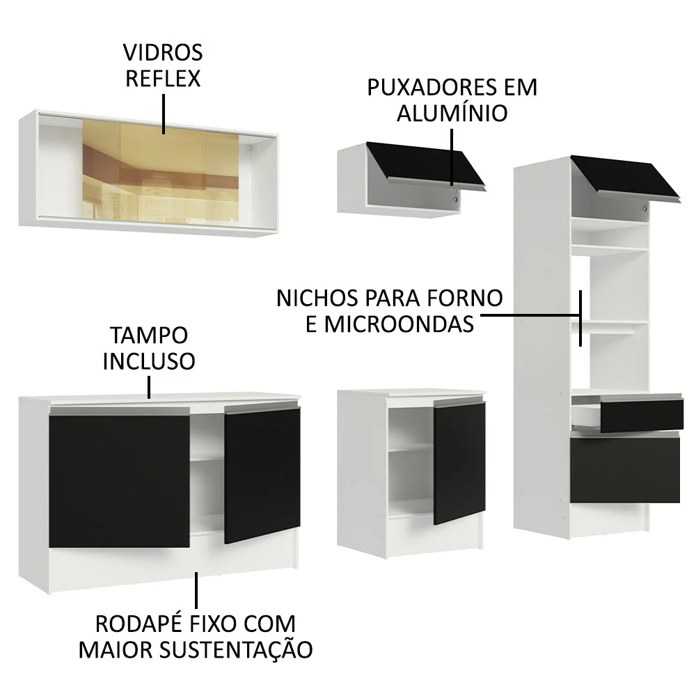 Armário de Cozinha Completa 240cm Branco/Preto Diamante Madesa 06 - Image 4