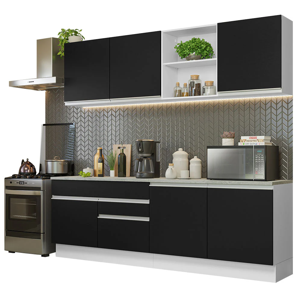Armário de Cozinha Completa 240cm Branco/Preto Glamy Madesa 06 - Image 2