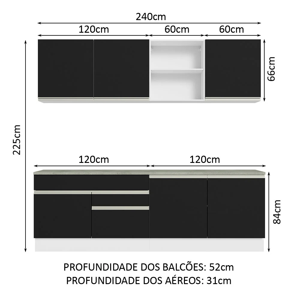 Armário de Cozinha Completa 240cm Branco/Preto Glamy Madesa 06 - Image 3