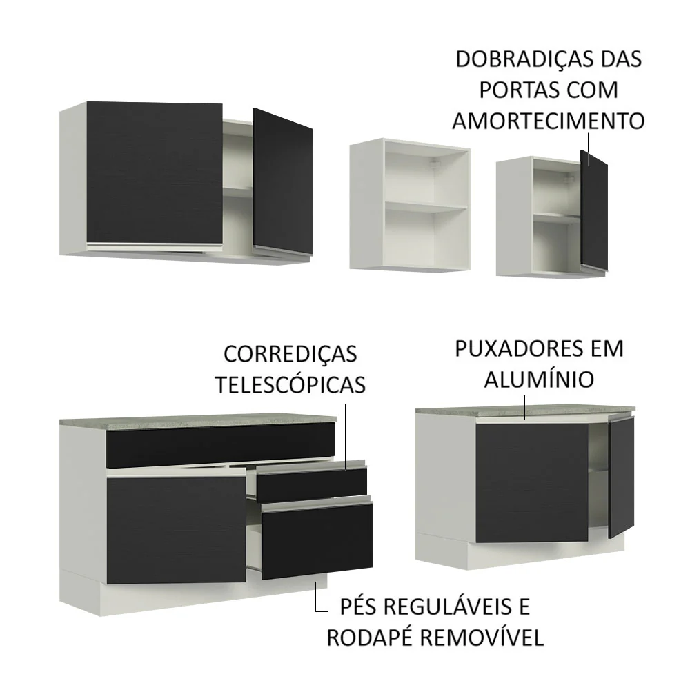 Armário de Cozinha Completa 240cm Branco/Preto Glamy Madesa 06 - Image 4