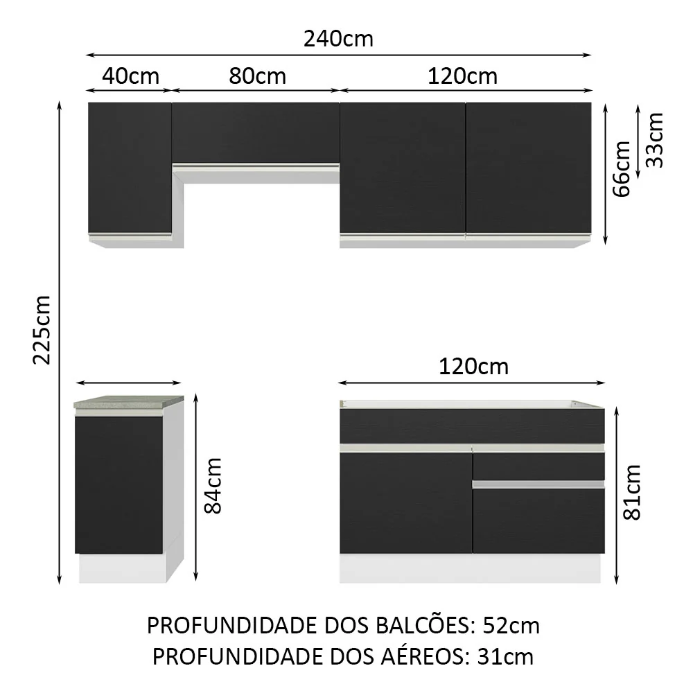 Armário de Cozinha Completa 240cm Branco/Preto Glamy Madesa 07 - Image 3