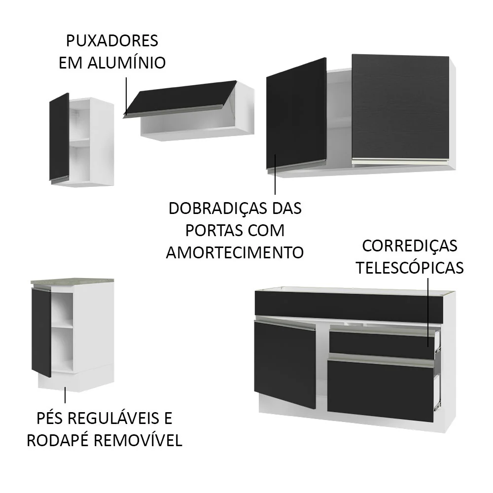 Armário de Cozinha Completa 240cm Branco/Preto Glamy Madesa 07 - Image 4