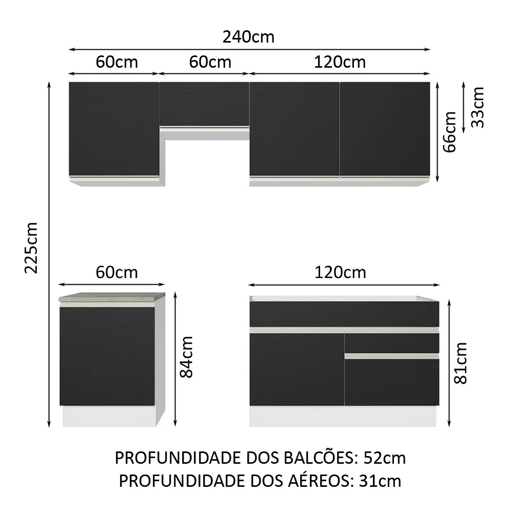 Armário de Cozinha Completa 240cm Branco/Preto Glamy Madesa 08 - Image 3