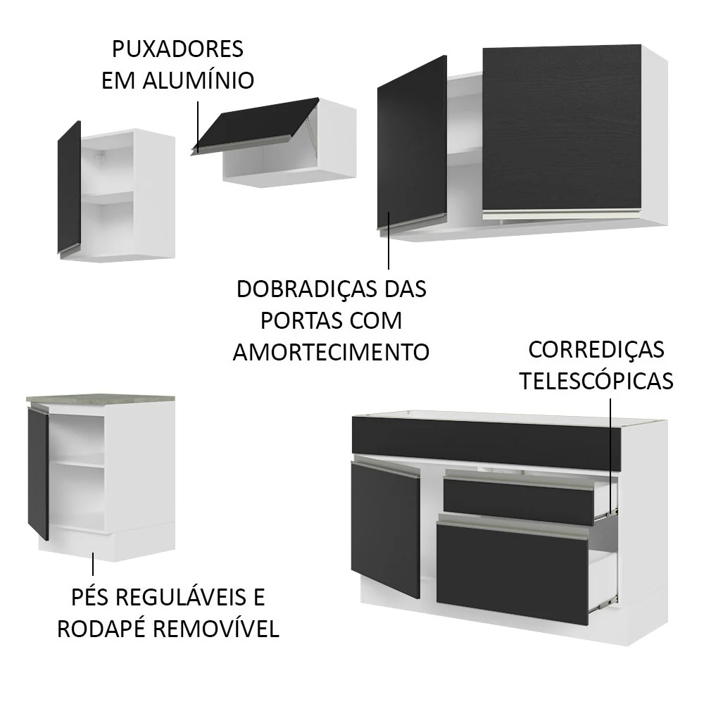 Armário de Cozinha Completa 240cm Branco/Preto Glamy Madesa 08 - Image 4