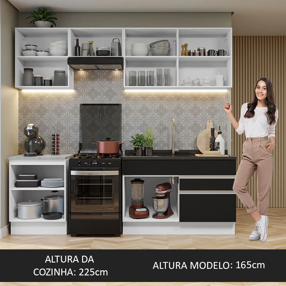 Armário de Cozinha Completa 240cm Branco/Preto Glamy Madesa 08 - Image 5