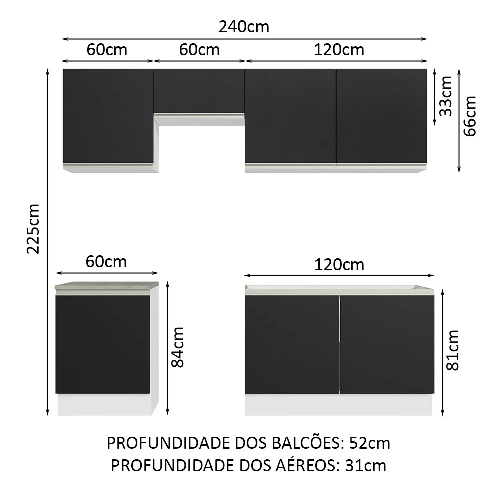 Armário de Cozinha Completa 240cm Branco/Preto Glamy Madesa 09 - Image 3