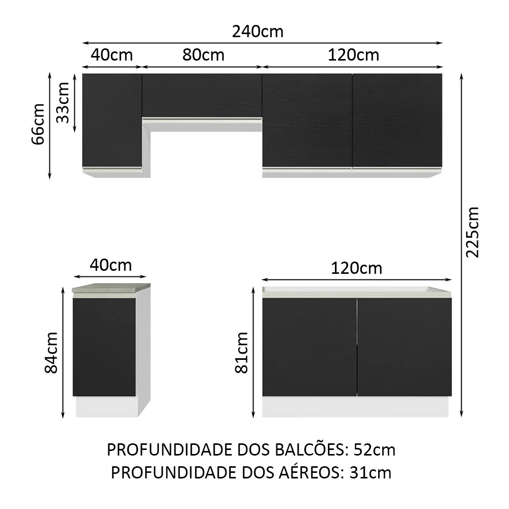 Armário de Cozinha Completa 240cm Branco/Preto Glamy Madesa 10 - Image 3