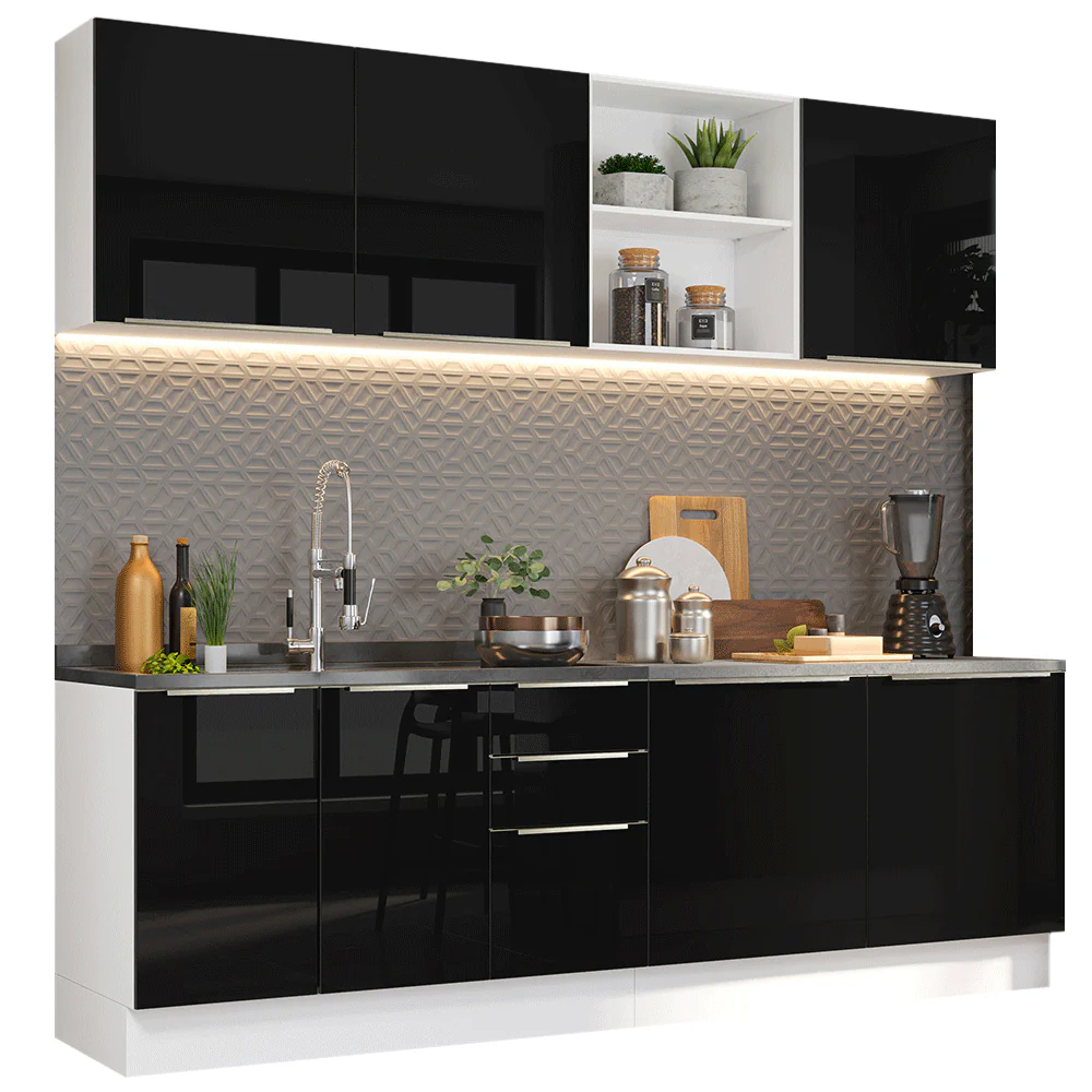 Armário de Cozinha Completa 240 x 60 cm Branco/Preto Lux Madesa 05 - Image 2