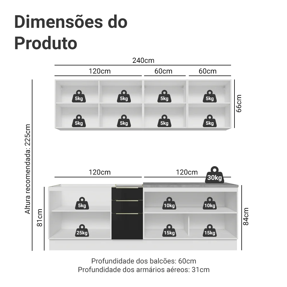 Armário de Cozinha Completa 240 x 60 cm Branco/Preto Lux Madesa 05 - Image 3