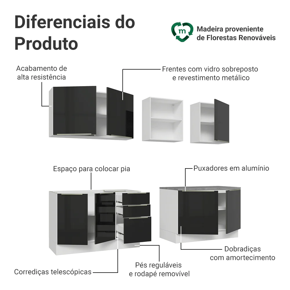 Armário de Cozinha Completa 240 x 60 cm Branco/Preto Lux Madesa 05 - Image 4