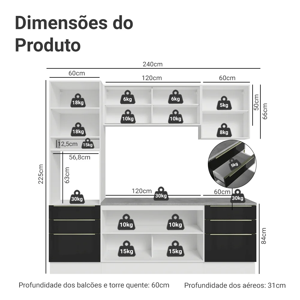 Armário de Cozinha Completa 240 x 60 cm Branco/Preto Lux Madesa 08 - Image 3