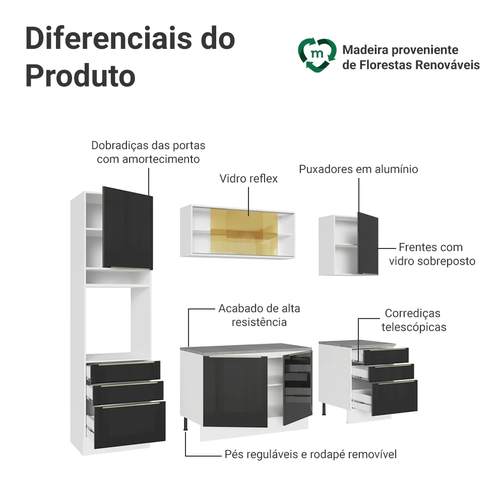 Armário de Cozinha Completa 240 x 60 cm Branco/Preto Lux Madesa 08 - Image 4