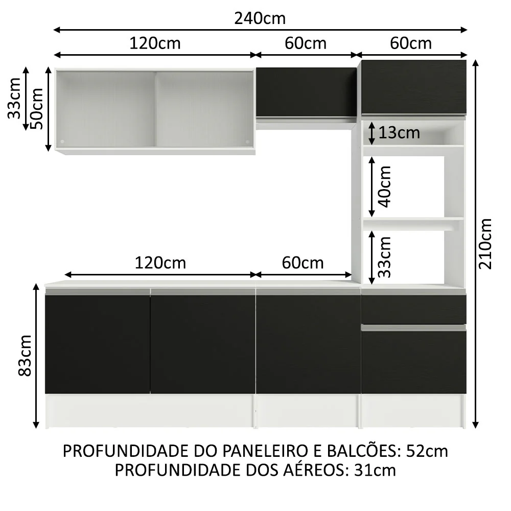 Armário de Cozinha Completa 240cm Branco/Preto Topazio Madesa 05 - Image 3