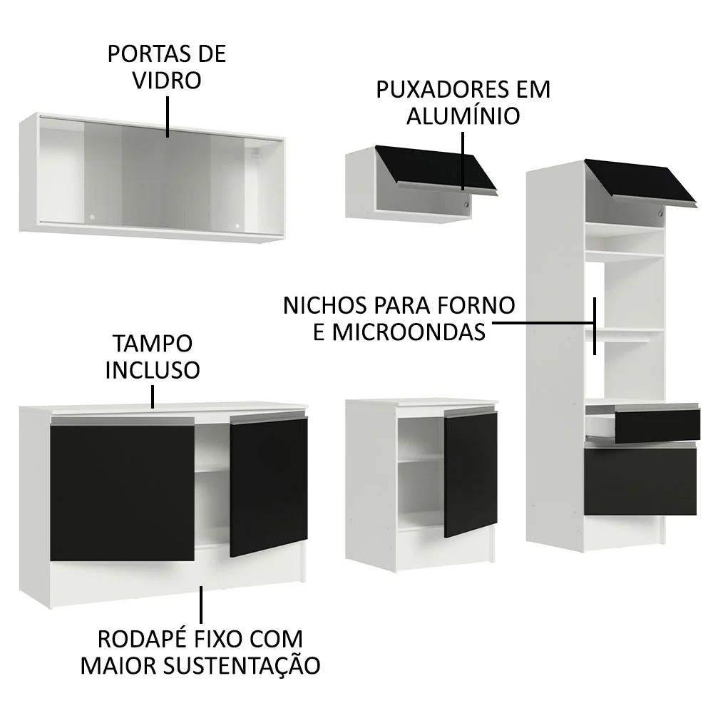 Armário de Cozinha Completa 240cm Branco/Preto Topazio Madesa 05 - Image 4