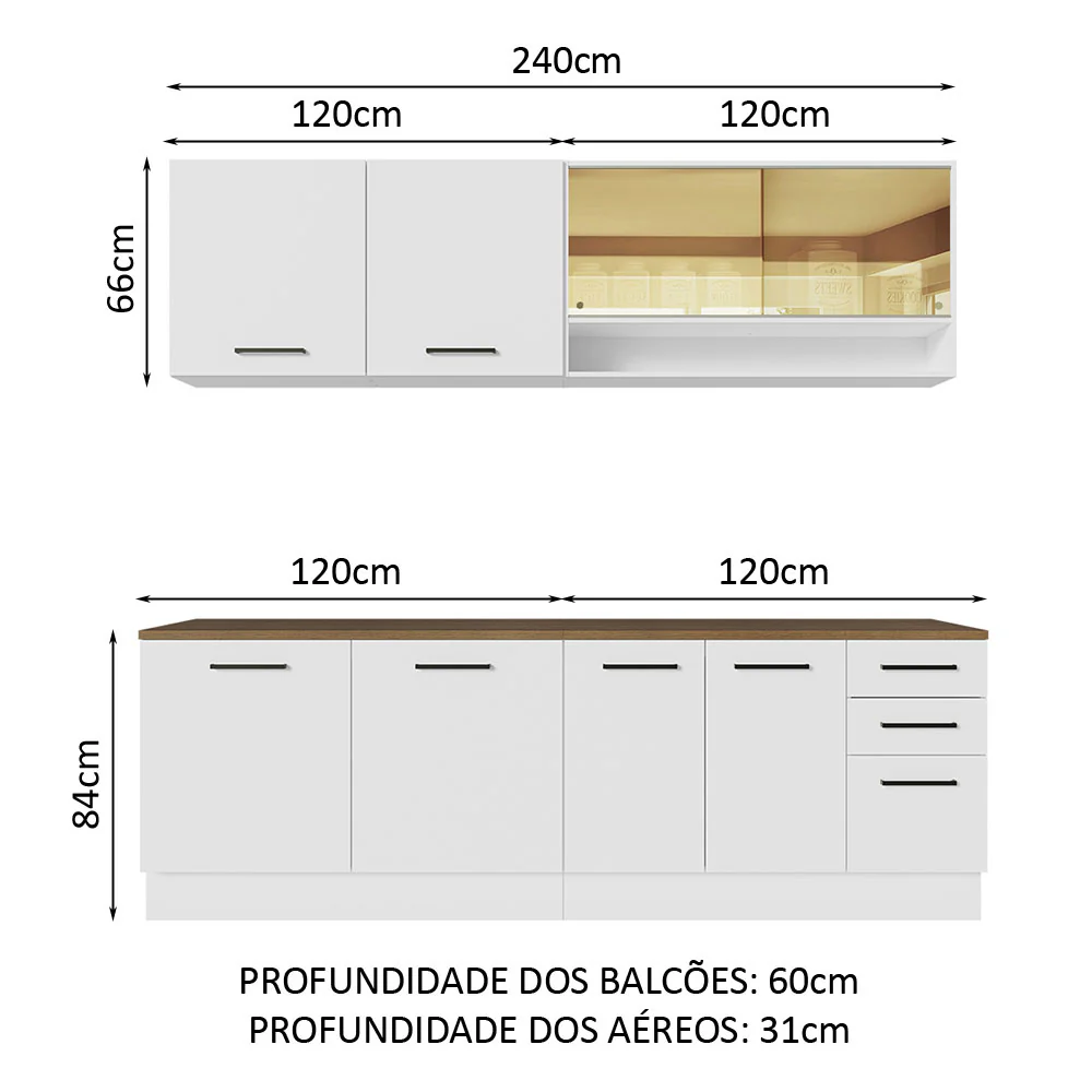 Armário de Cozinha Completa 240cm Branco Tampo Rustic 60cm de Profundidade Agata Madesa 01 - Image 3