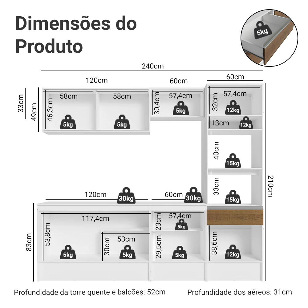 Armário de Cozinha Completa 240cm Branco/Rustic Diamante Madesa 06 - Image 3