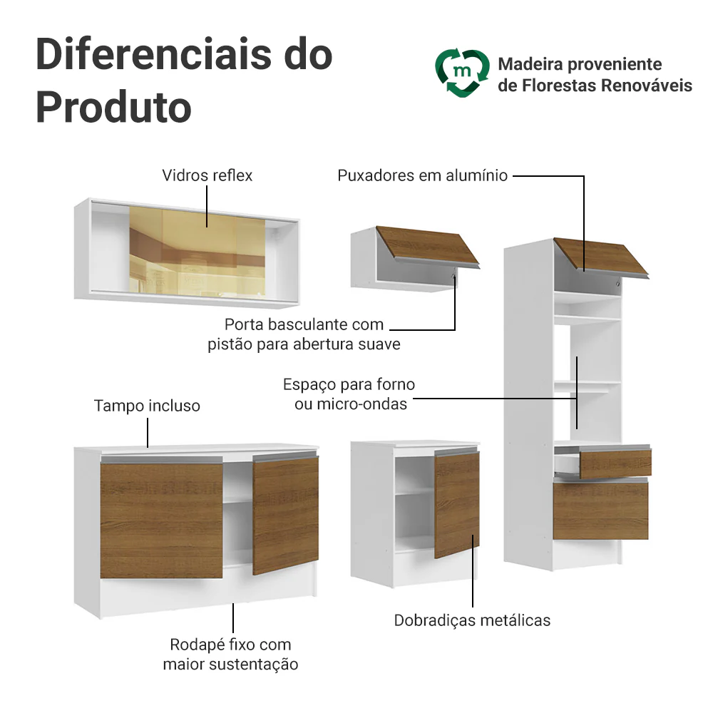 Armário de Cozinha Completa 240cm Branco/Rustic Diamante Madesa 06 - Image 4
