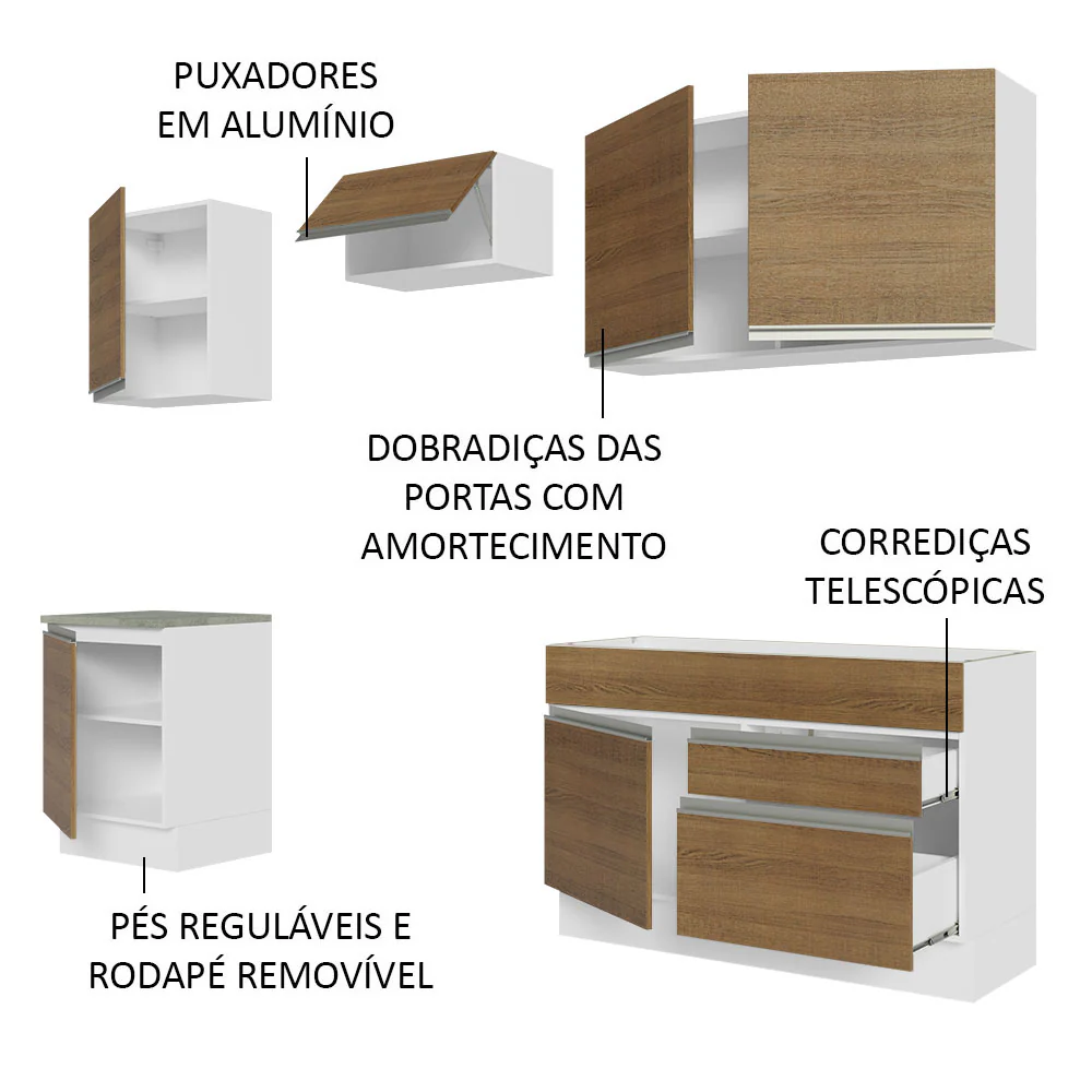 Armário de Cozinha Completa 240cm Branco/Rustic Glamy Madesa 08 - Image 4