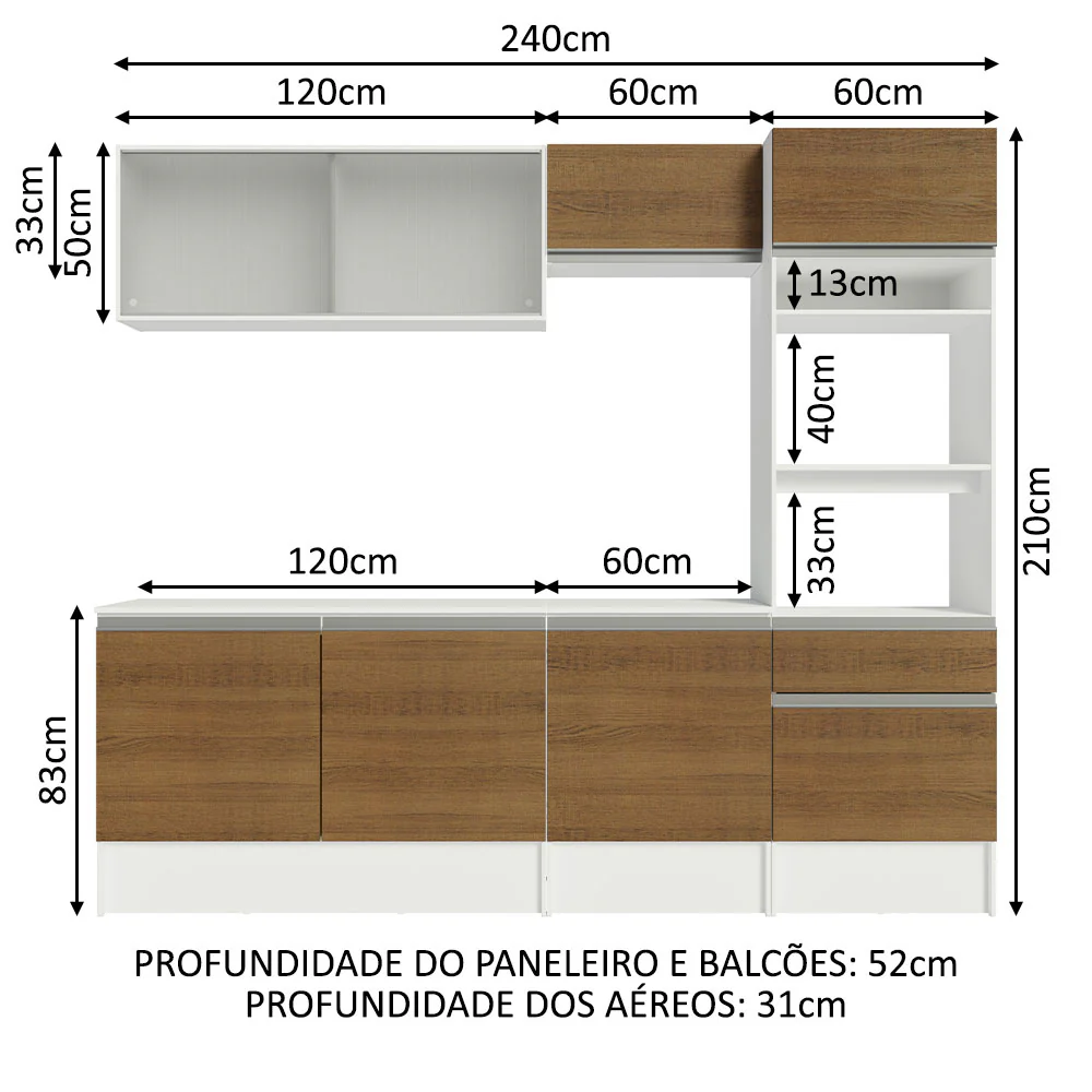Armário de Cozinha Completa 240cm Branco/Rustic Topazio Madesa 05 - Image 3