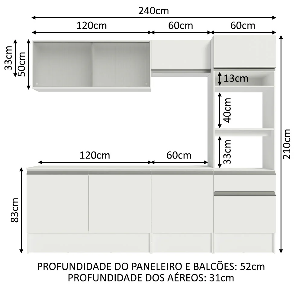 Armário de Cozinha Completa 240cm Branco Topazio Madesa 05 - Image 3