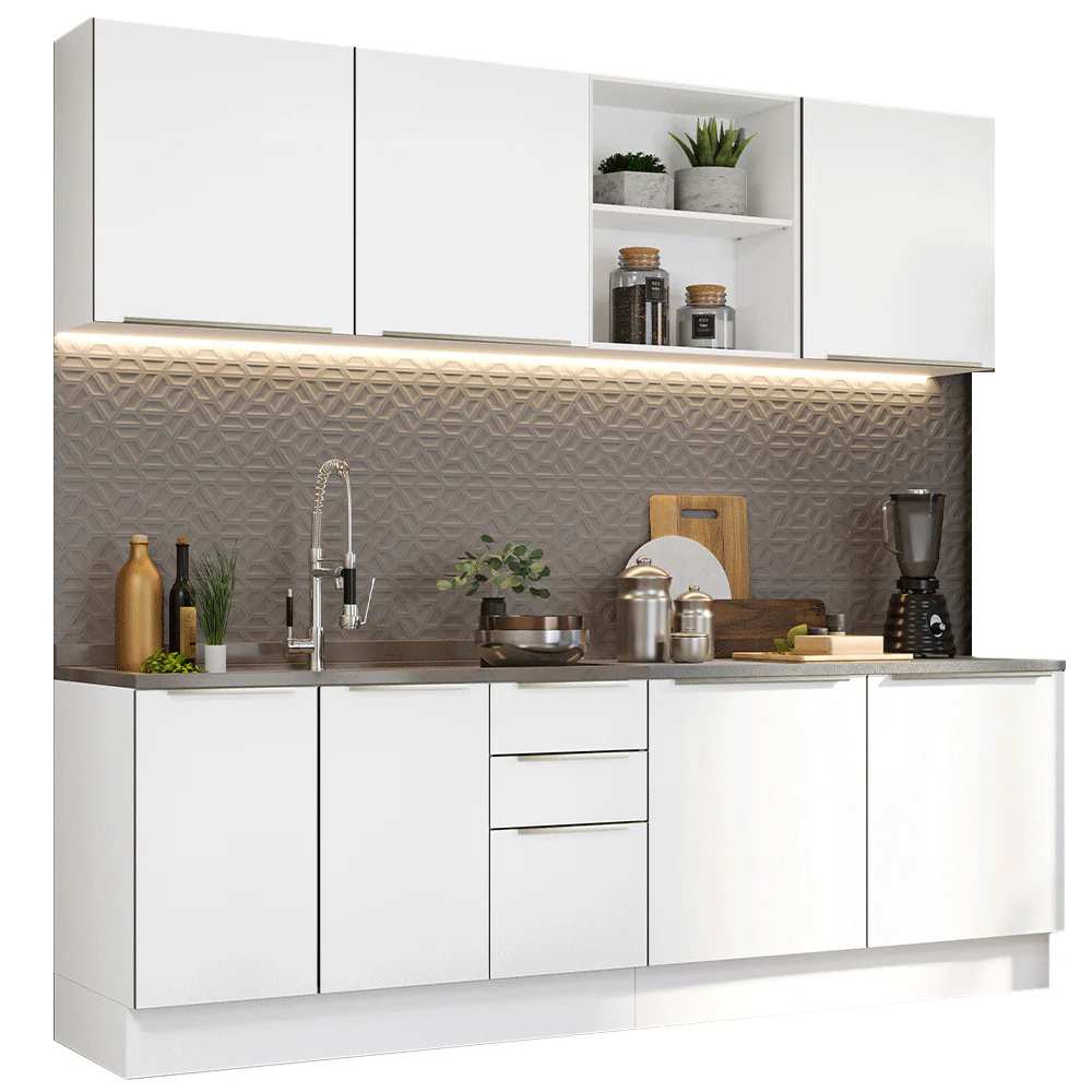 Armário de Cozinha Completa 240 x 60 cm Branco Veludo Lux Madesa 05 - Image 2