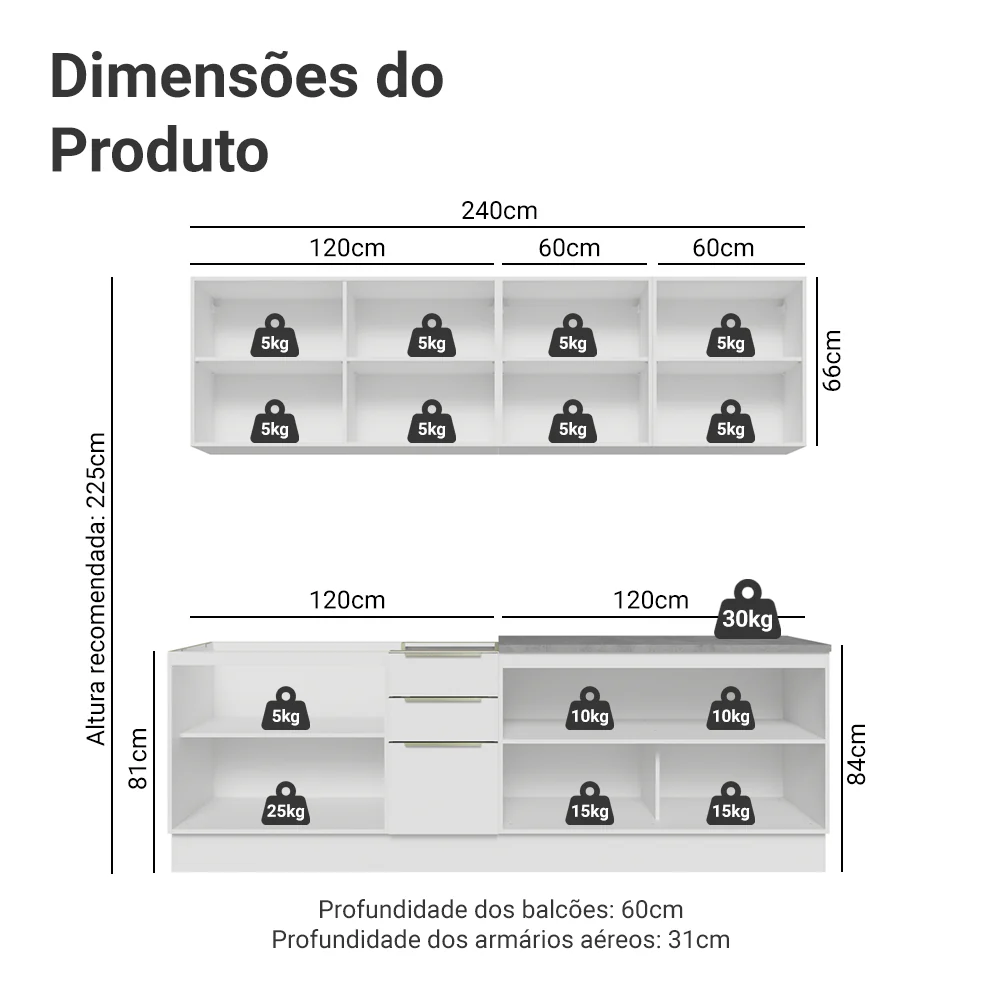 Armário de Cozinha Completa 240 x 60 cm Branco Veludo Lux Madesa 05 - Image 3
