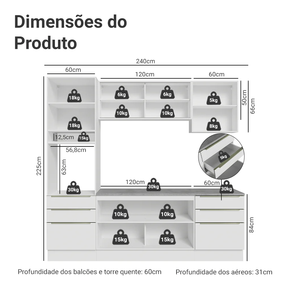 Armário de Cozinha Completa 240 x 60 cm Branco Veludo Lux Madesa 08 - Image 3
