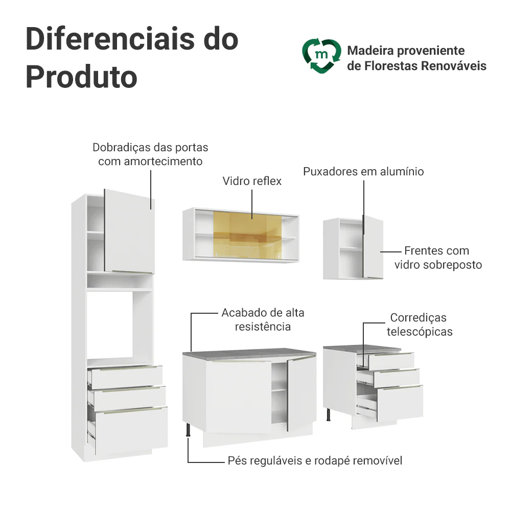 Armário de Cozinha Completa 240 x 60 cm Branco Veludo Lux Madesa 08 - Image 4