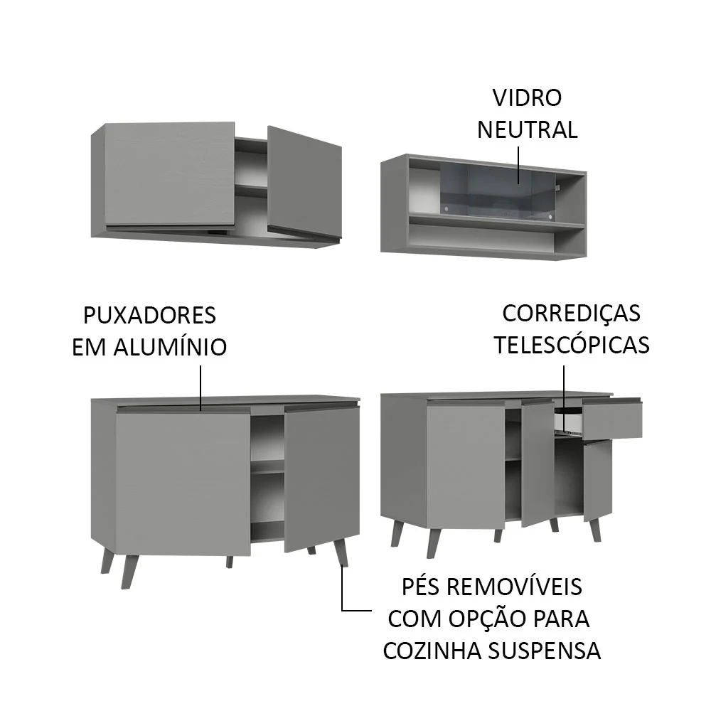 Armário de Cozinha Completa 240cm Cinza Nice Madesa 03 - Image 4