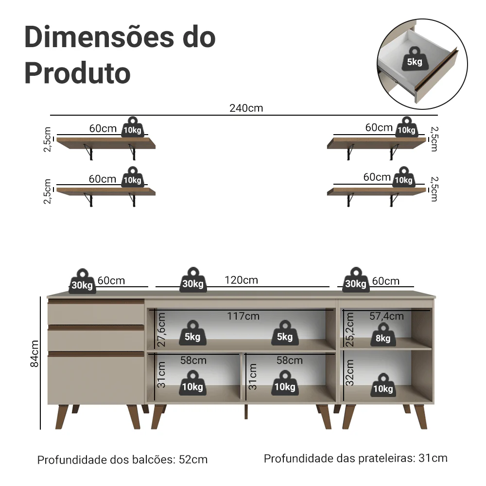 Armário de Cozinha Completa 240cm Crema Nice Madesa 01 - Image 3