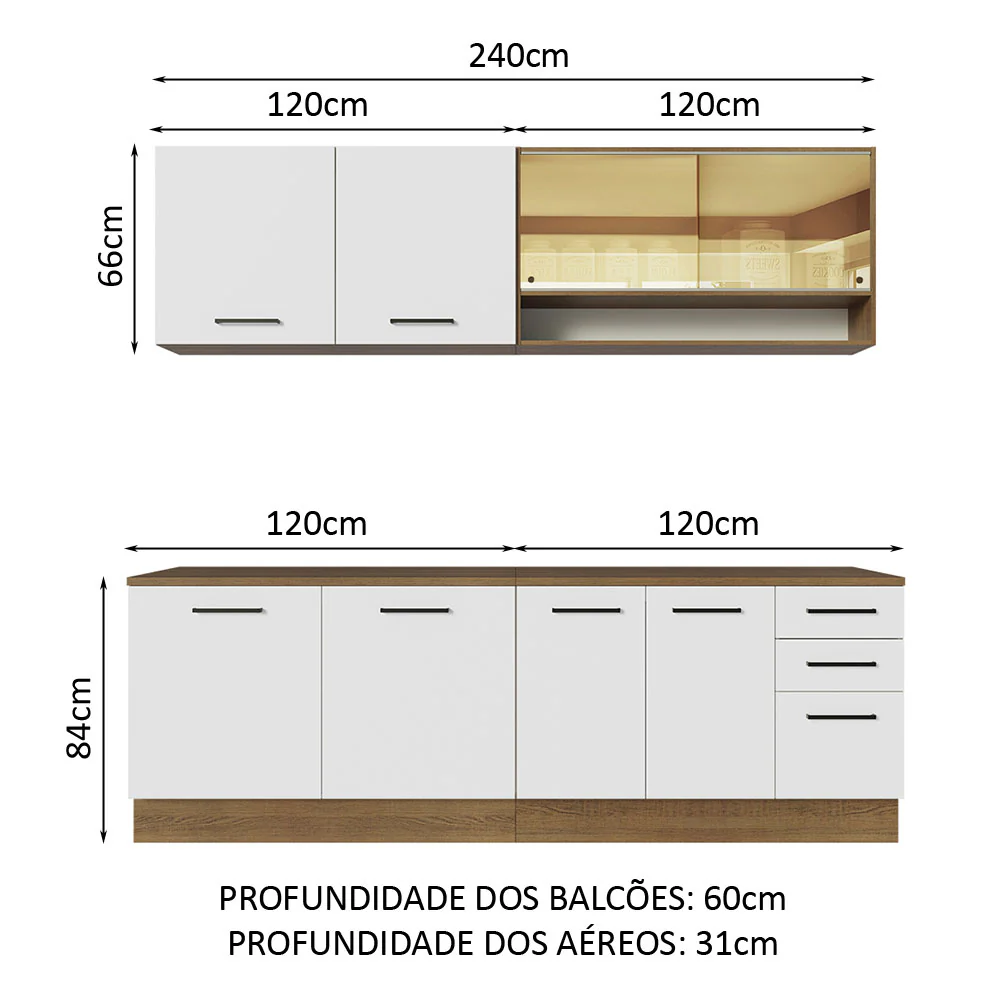 Armário de Cozinha Completa 240cm Rustic/Branco 60cm de Profundidade Agata Madesa 01 - Image 3