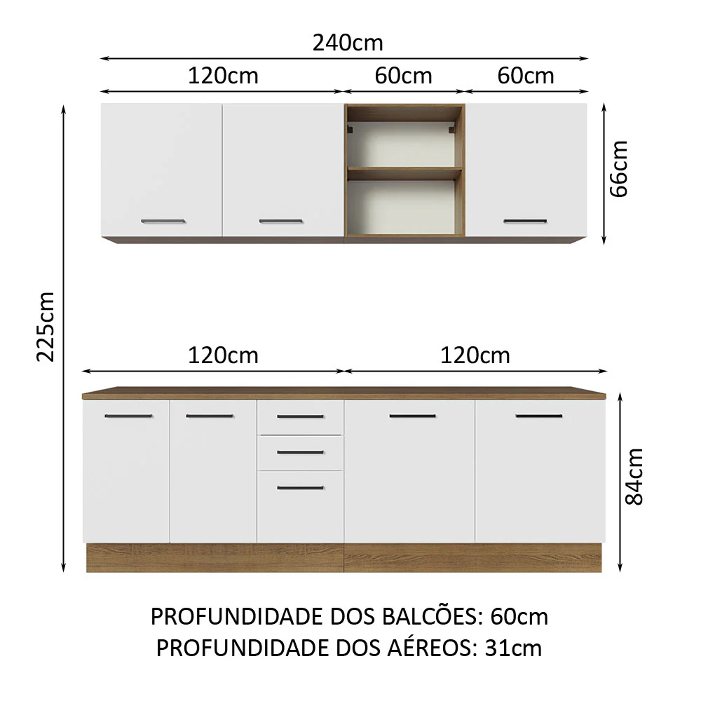 Armário de Cozinha Completa 240cm Rustic/Branco 60cm de Profundidade Agata Madesa 02 - Image 3