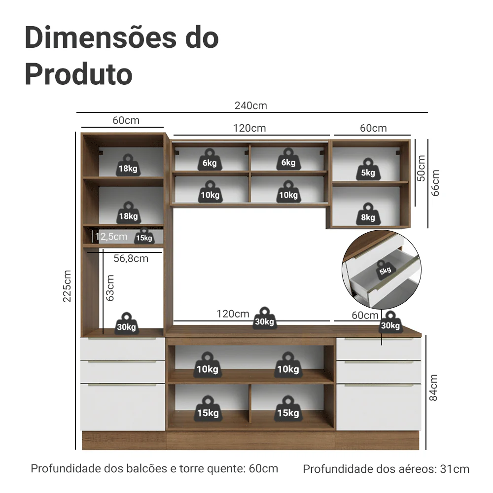 Armário de Cozinha Completa 240 x 60 cm Rustic/Branco Lux Madesa 08 - Image 3
