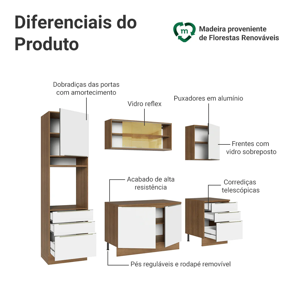 Armário de Cozinha Completa 240 x 60 cm Rustic/Branco Lux Madesa 08 - Image 4