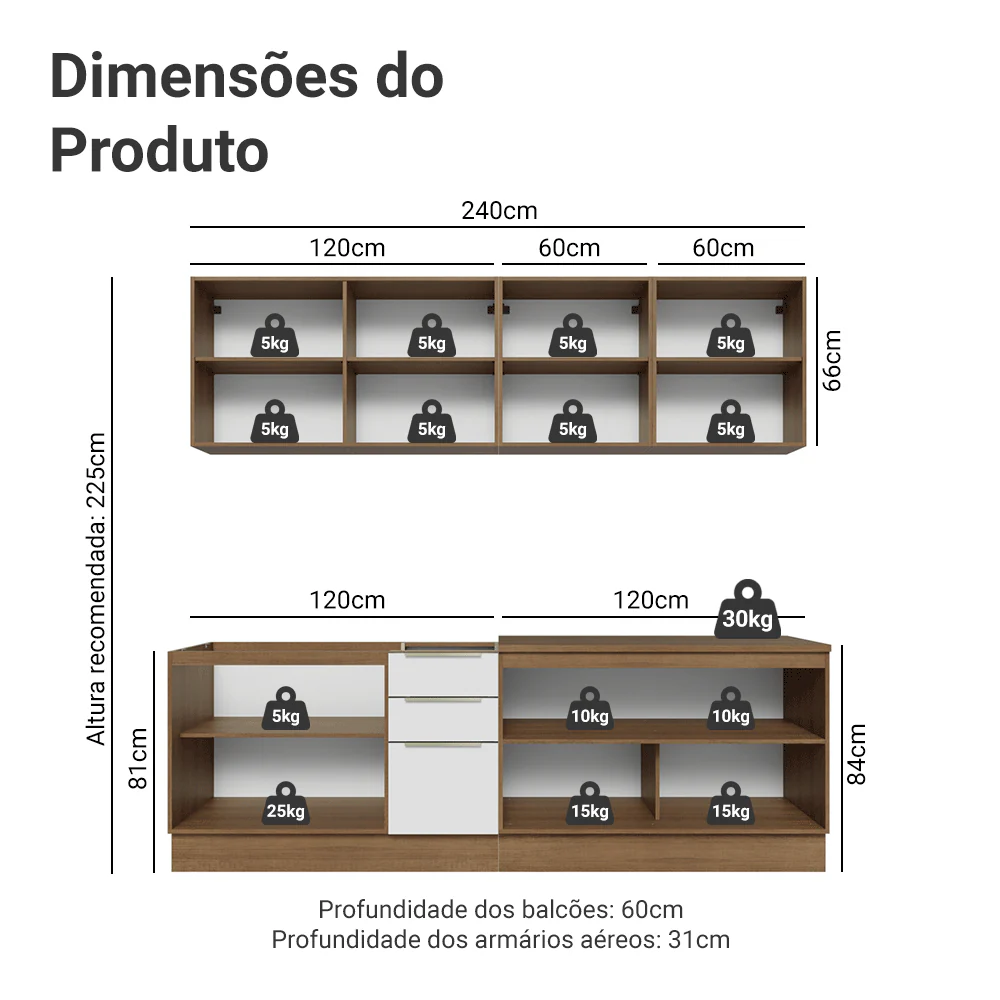 Armário de Cozinha Completa 240 x 60 cm Rustic/Branco Veludo Lux Madesa 05 - Image 3
