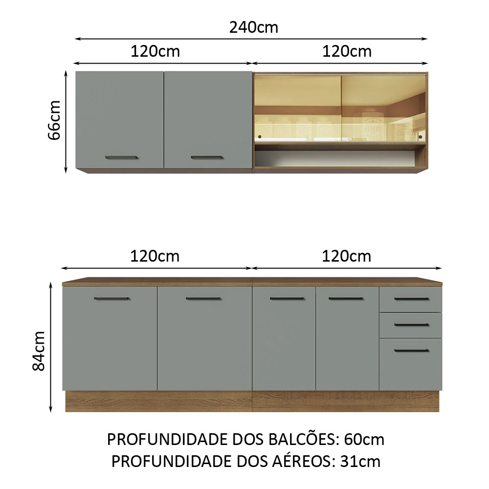 Armário de Cozinha Completa 240cm Rustic/Cinza 60cm de Profundidade Agata Madesa 01 - Image 3