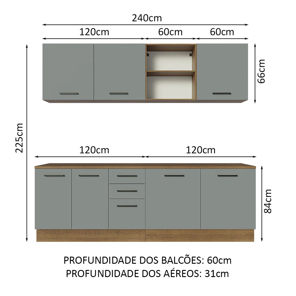 Armário de Cozinha Completa 240cm Rustic/Cinza 60cm de Profundidade Agata Madesa 02 - Image 3